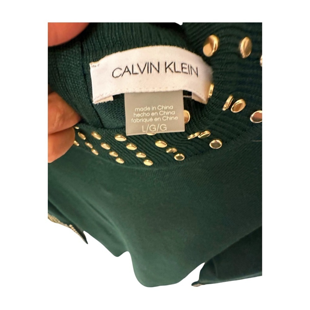 Calvin Klein Long Sleeve Green Mock Neck Sheath Dress With Gold Studs-NWT-L - Picture 7 of 15